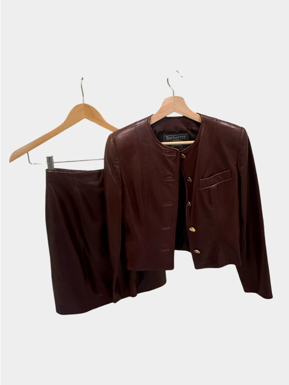 Vintage Burberry Leather Suit Set – 4P Jacket & 2P Skirt – Brown – Pre-1999